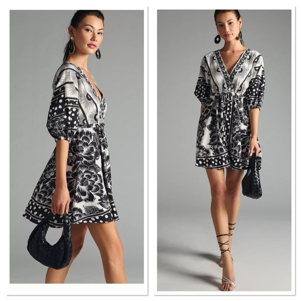 Farm Rio Puff-Sleeve Mini Dress, Size Small